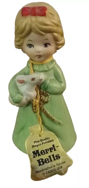 Jasco Porcelain Merri Bells 1978 Vintage Christmas Girl With Bunny  W/Tag EUC