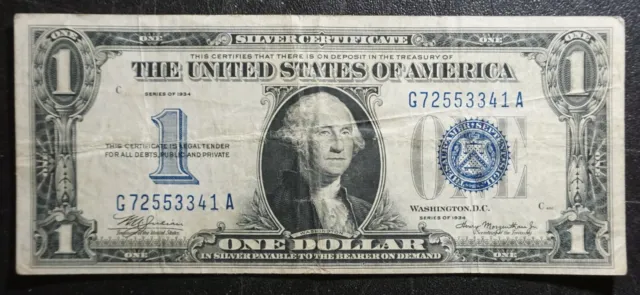1934 $1 ONE DOLLAR SILVER CERTIFICATE Blue Seal US BANK NOTES FINE-VERY FINE