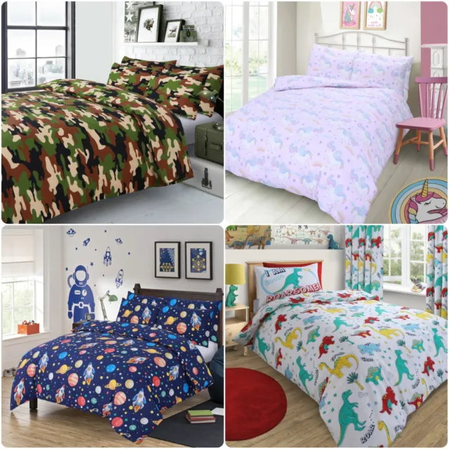 Single Bed Kids Duvet Quilt Cover Bedding Sets Dinosaur Space Unicorn Camouflage