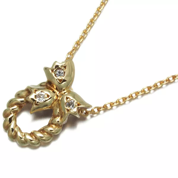 Auth Christian Dior Necklace Diamond Ribbon 18K 750 Yellow Gold