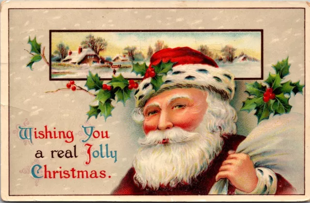 Antique Christmas Postcard Santa Red Coat Pastoral Village Winter Scene Gel 2547