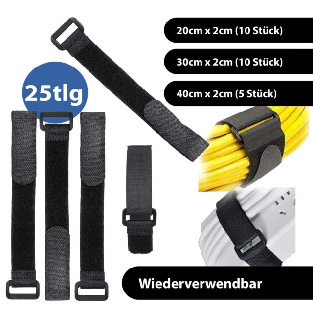 25X Kabelbinder Klett Klettband Klettverschluss schwarz Wiederverwendbar Kabel