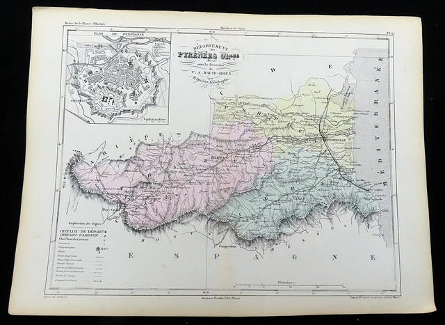 ANTICA MAPPA DEI Pirenei orientali Francia Perpignan lattina in rosso ...