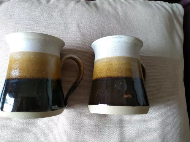 Stoneware studio Pottery Mugs - Set of 2, Dark Brown, Mustard and Beige 325 ml