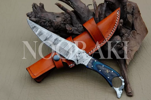 Custom Damascus Steel Full Tang Hunting Knife with sheath Lanyard Hole 11"