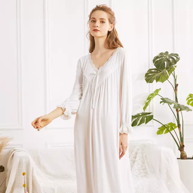 Lady Girls Nightgown Vintage Nightdress Sleepwear Lace Ruffle Long Sleeve 2