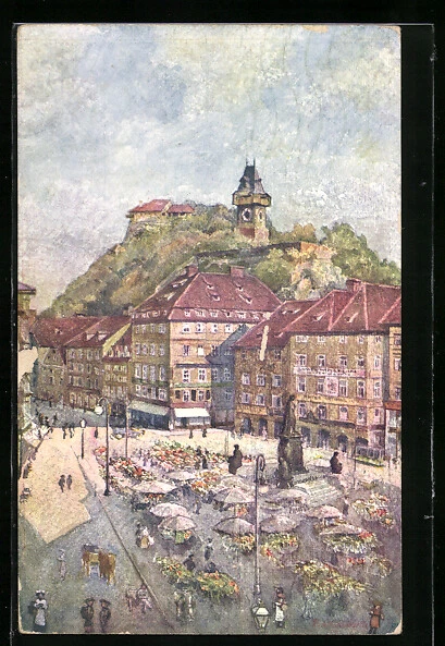 Künstler-AK Graz, Hauptplatz mit Markttreiben 1913