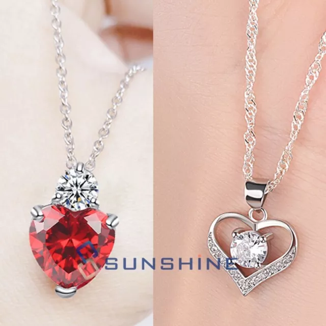 18" CZ Crystal Love Heart Charm Pendant & Necklace in 925 Sterling Silver Chain