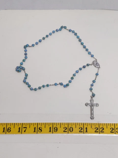 Italian Rosary Italy Blue Beads Silver Tone Catholic Christian Crucifix