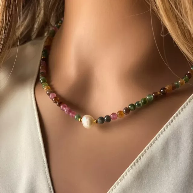 Collar de gargantilla de mujer con cuentas redondas de perlas de turmalina... 3