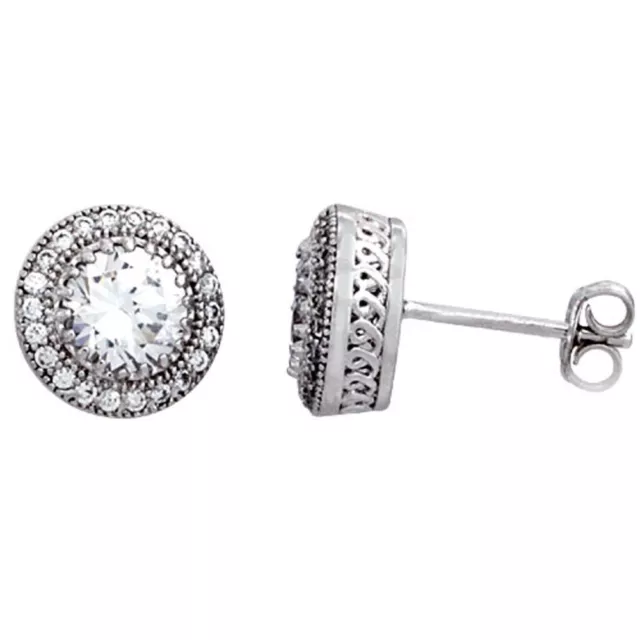 Micro Pave Simulated Round Diamond Halo Stud Earrings Sterling Silver Push Back