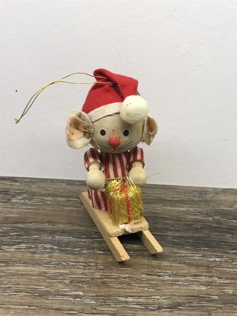 Vintage wooden mouse Santa On Sled Christmas ornaments