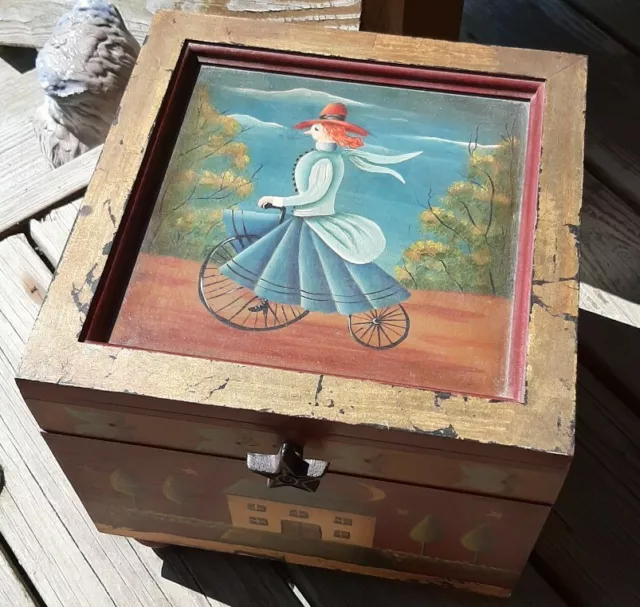 Whimsical Storage Box Hand Painted Wood Woman on Bicycle with Iron Star Handle