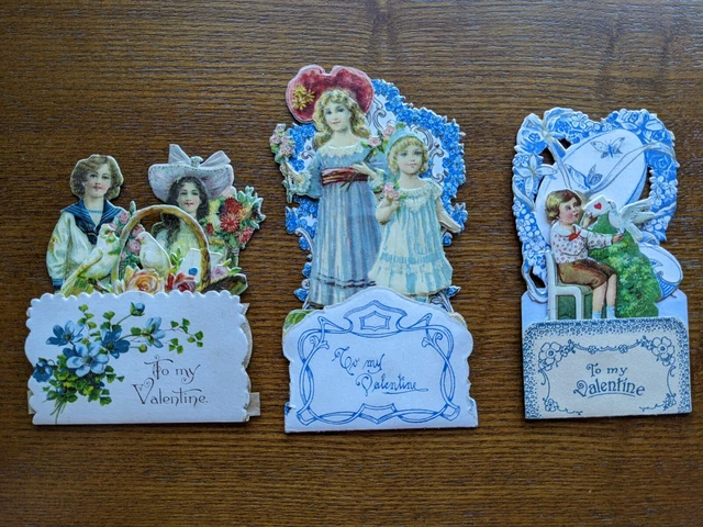 Vintage Antique Set of 3 Victorian Embossed Die Cut Valentines Day Card Germany
