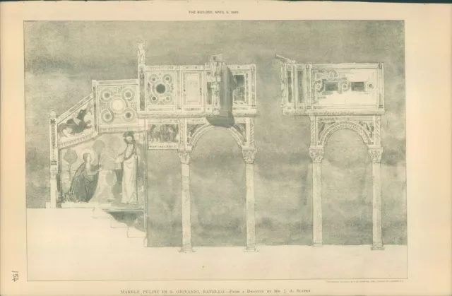 Antique Architects Print Marble pulpit St Giovanni Ravello JA Slater 1889 Builde