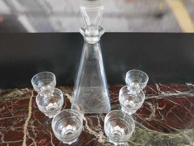 Carafe bouteille verre alcool cognac liqueur vintage art déco bar table N7846