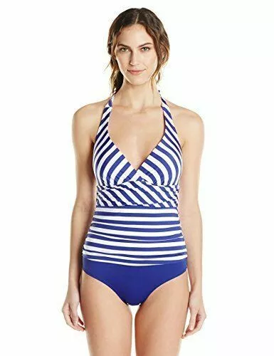 Jantzen Harbour Beauty Stripe V-Neck Halter One Piece Swimsuit Blue Size 16 -