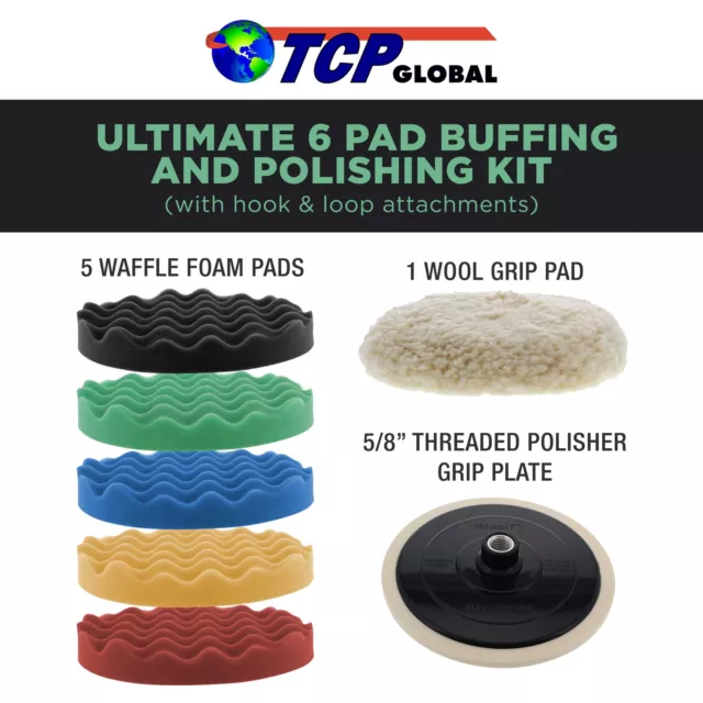 Waffle Foam & Wool Buffing & Polishing Pad Kit w/ 6 - 8" Pads Grip Backing Plate 2