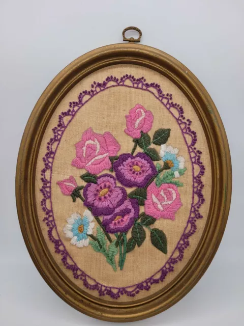 Vintage wall art Cottage core needlepoint floral rose Picture hanging tapestry