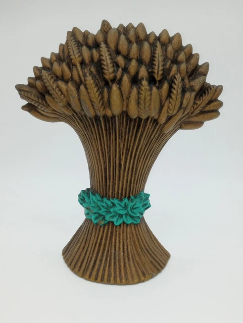 Antiqued Cast Iron Sheaf of Wheat Door Stop Goldtone Aqua 1992