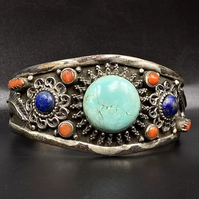 Old Pawn Navajo Sterling Silver Blue Turquoise - Coral Large Wide Cuff Bracelet