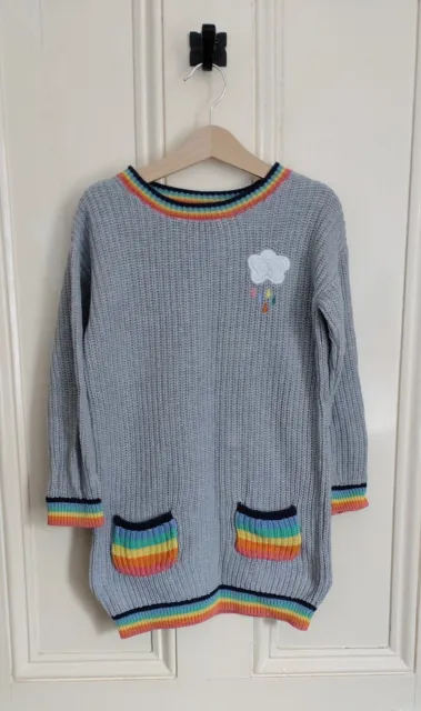 NEXT Girls Knitted Grey Rainbow Cloud Long Sleeve Jumper Dress Age 5-6 Years