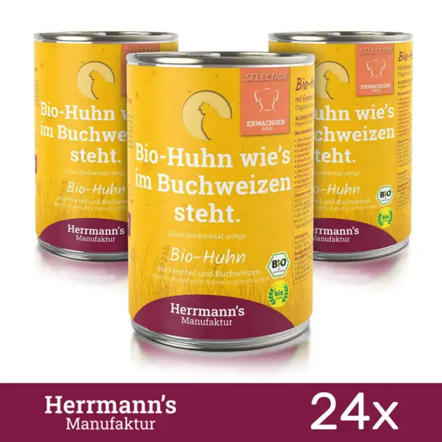 24 x Herrmanns comida para perros pollo orgánico con hinojo y alforfón MHD enero 400 gr 2024