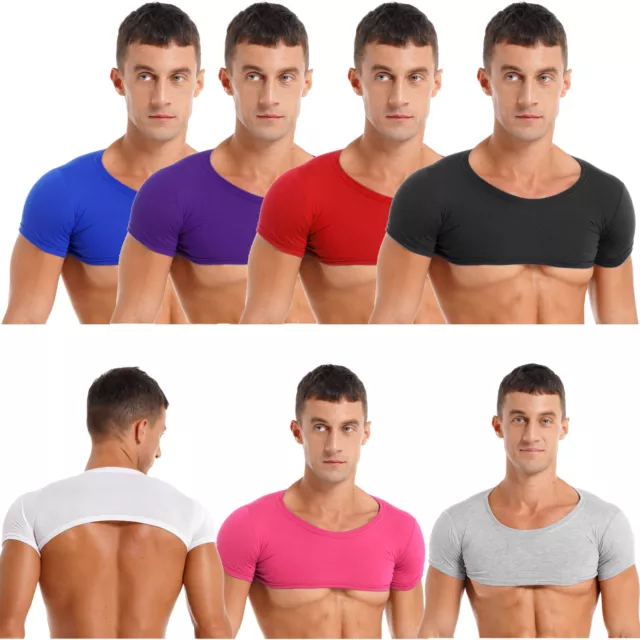 Men Crop Tops Workout Short Sleeve Round Neck Muscle Half Tank Top Vest T-Shirt