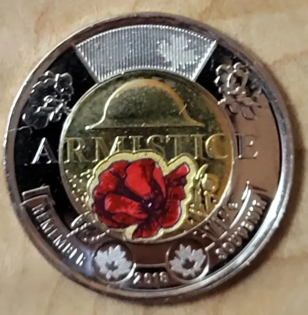 2018 Canada Armistice 100th Anniv Two Dollars Toonie Coin Coloured Poppy $2