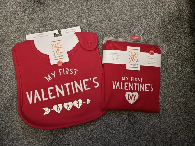 NWT Tags Just One Carter’s 1st Valentine’s Day Bib & Bodysuit 6 Months Red & Wht