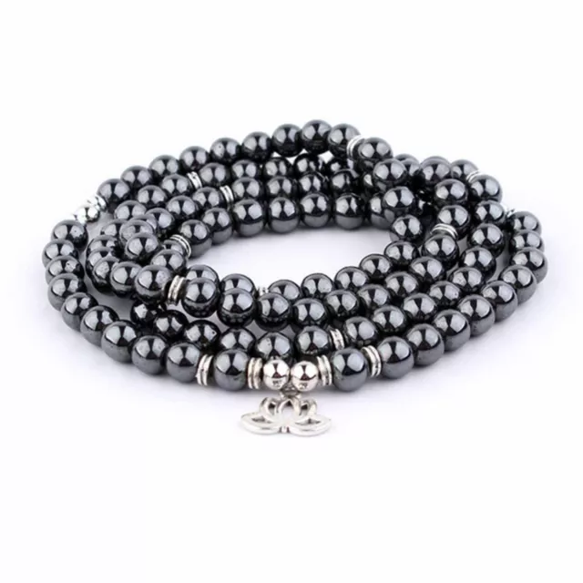 6mm Hematite Bracelet 108 Beads Lotus Buddha Pendant Elegant Chakra Glowing
