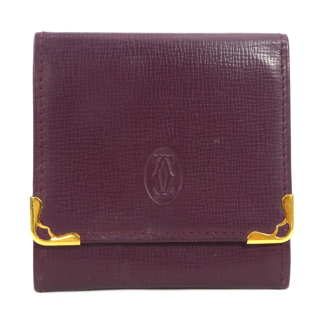 Auth CARTIER Must Line Coin Case Coin Purse Bordeaux Leather/Goldtone - r9562f