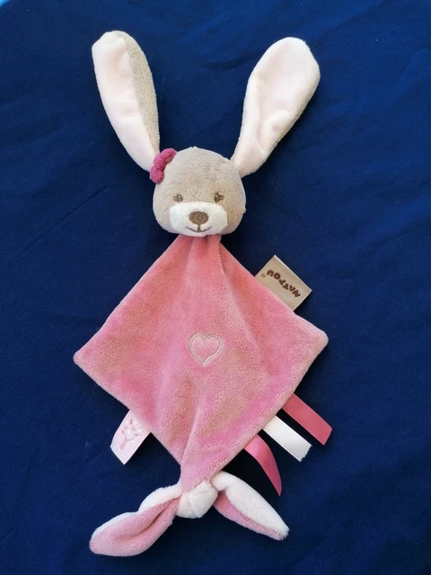 ⭐⭐⭐ Doudou plat Nina lapin NATTOU losange rose beige coeur noeud 27 cm TBE