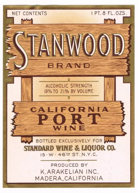 C1930S Stanwood Wine Bottle Label Madera California Original Vintage Port