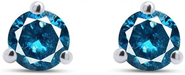 Round Natural Blue Diamond Stud Earrings 10k White Gold (1/5 Cttw to 1/3 Cttw)