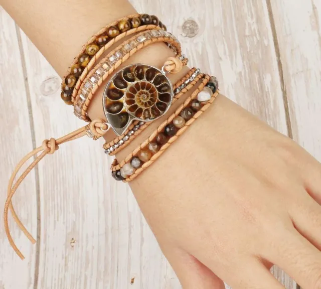 Leather Wrap Bracelet Bangle Boho Natural Stone Ammonite Fossil Tiger Eye Bead