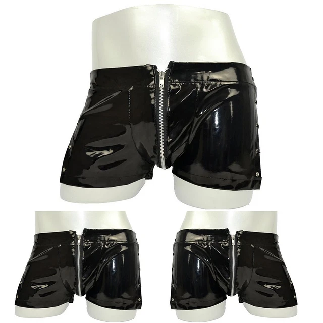 Uomo Effetto Lucido PU Pelle Zip Allacciate Tronco Intimo Shorts Boxer Mutandine
