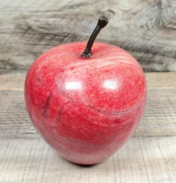 Red Marble Apple Alabaster Stone Paperweight Brown Stem 3.5" Tall