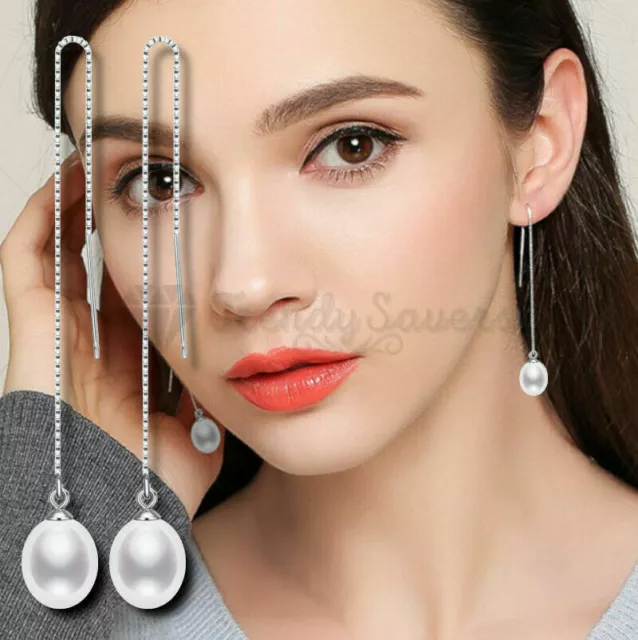 Sterling Silver White Pearl Minimalist Long Tassel Box Chain Threader Earrings