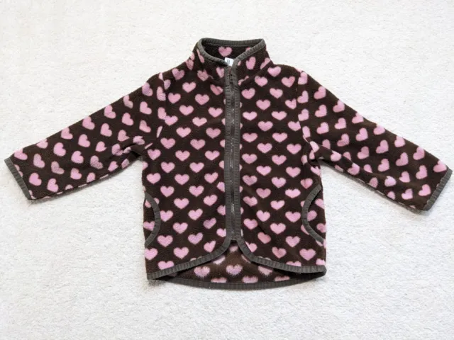 H&M Girls Fleece Warm Jacket Full Zip Brown/Pink Hearts Size UK 1,5-2 Years