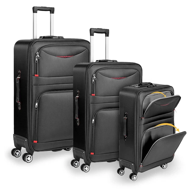 Black Luggage Set of 3 Softside Expandable Suitcase w/ TSA Lock Spinner Wheels