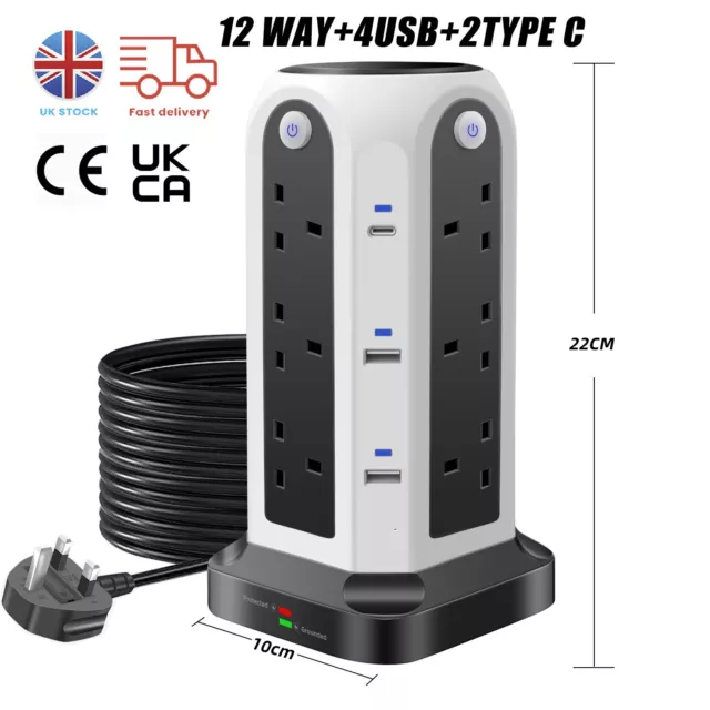 Extension 12 Way Tower Power Lead USB Multi Socket Surge Protected Socket UK