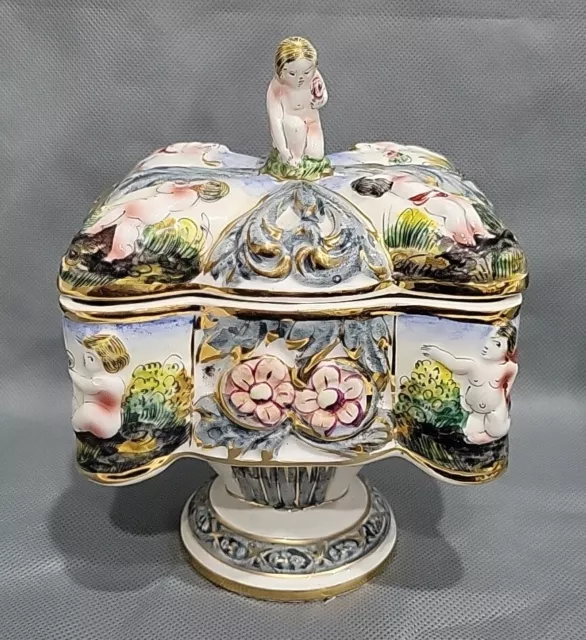 Vintage Capodimonte Nudes &Cherubs Footed  Covered Bowl Hp W/ Gold Accents Signe