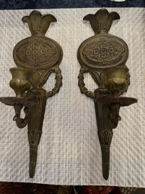 Pair Of Vintage Antique Victorian Brass Wall Sconce Candle Holder