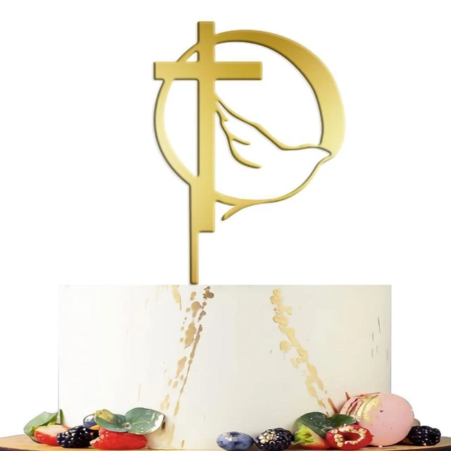 Topper Per Torta Battesimo 'Mi Bautizo' Oro Glitter - Croce E Colomba Per Prima Comunione