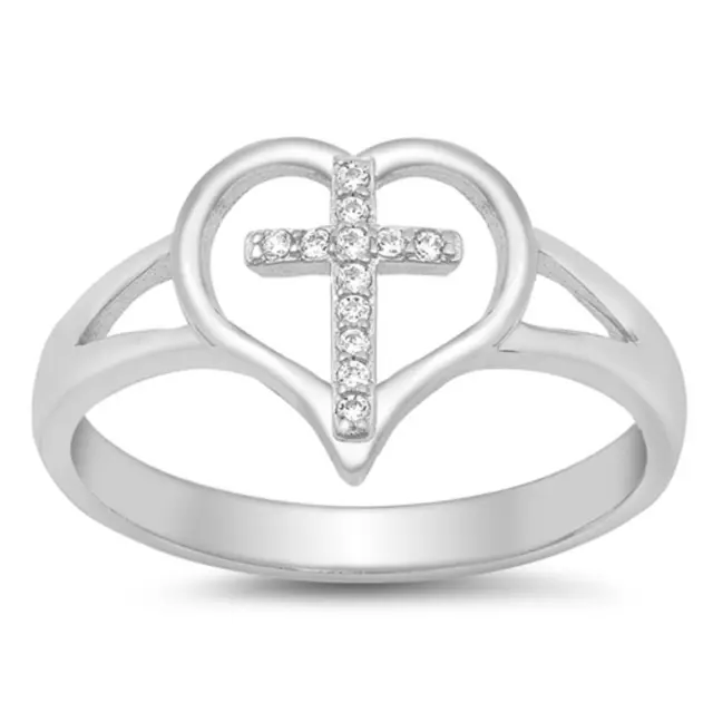 Studded Cross Heart Christian Ring New .925 Sterling Silver Band Sizes 4-10