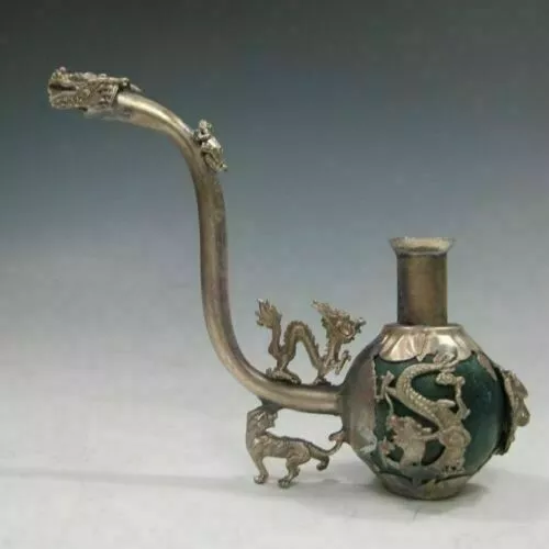 Old Handwork Jade inlay Pipe Tibet Silver Dragon Smoking Pipe Collectible
