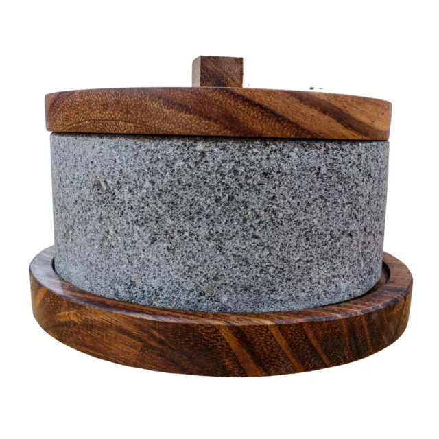 Chilmamolli Volcanic Stone Mortar and Pestle with Parota Wood Base and Lid