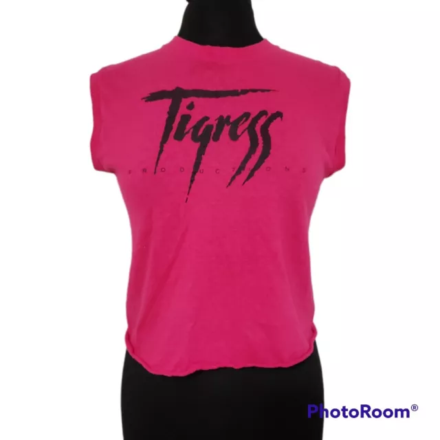 Vintage 90's Tigress Productions Fuscia Short Sleeve Cut Off Crop Top Sz L (Med)