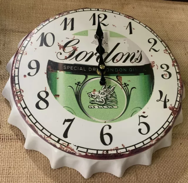 Gordon Vintage Retro 30cm Wall Clock Metal Bottle Top Man cave Bar